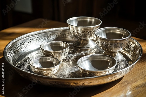 Elegant antique silverware set on wooden table
