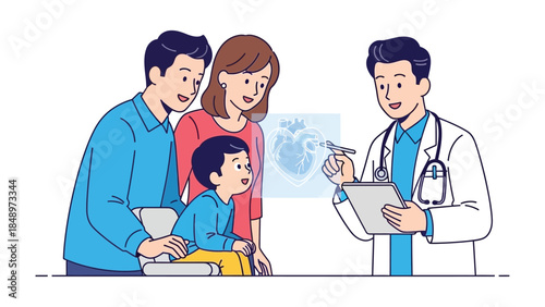 Family Health Consultation: A family consults with a friendly doctor, highlighting a healthcare discussion and a caring approach within the medical domain.