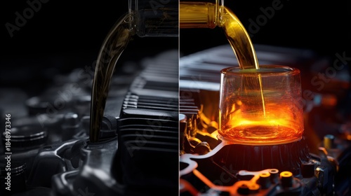 engine oil breakdown visualization, clean oil turning dark under heat, comparison between frequent and delayed oil changes, technical infographic