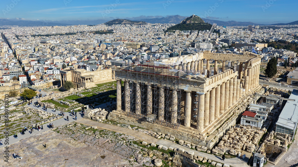 Fototapeta premium Aerial drone photo of iconic Acropolis hill and the Parthenon, Athens historic centre, Attica, Greece