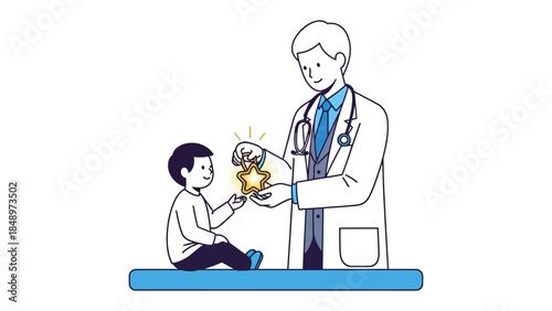 Health Appreciation: A healthcare professional presents a golden star to a child. This illustration captures a moment of medical care. 