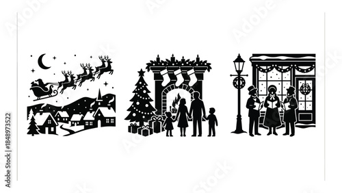 Santa Claus Sleigh Flying Over Village Gate with People on Christmas Night