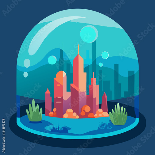 A vibrant futuristic city encapsulated in a protective bubble underwater