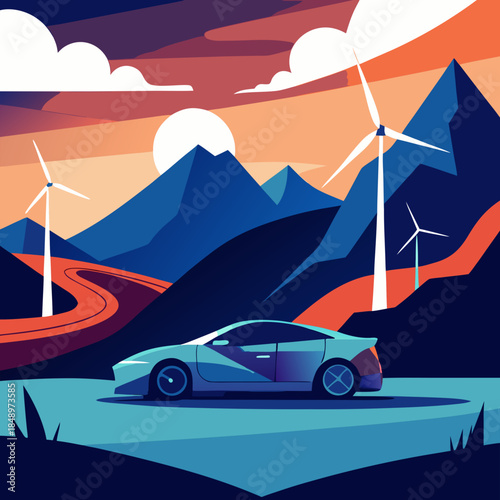 Sustainable transportation: a modern car amidst a beautiful landscape powered by wind