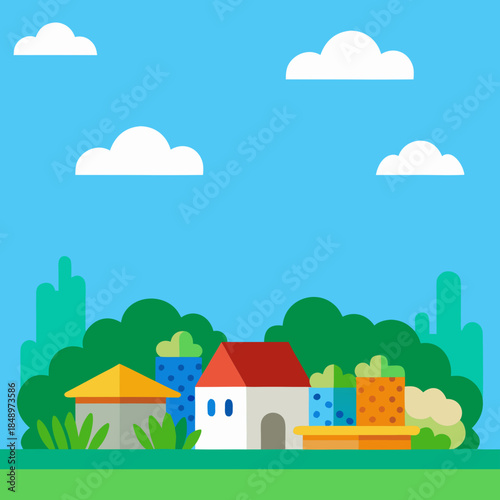 A charming flat design illustration of a vibrant town or village nestled under a clear blue sky