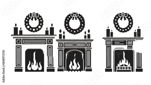 Fireplace Mantels with Candles and Wreaths on White Background