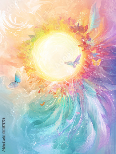 Soft pastel aura background featuring a sun with rainbow and feathers circle, leaving white swirling wind waves. Mystical concept for spiritual soulawakening, consciousness, meditation and healing 