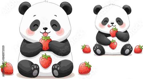Adorable cartoon baby pandas happily enjoying eating fresh sweet strawberries in a cute illustration