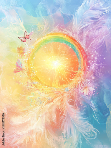 Soft pastel aura background featuring a sun with rainbow and feathers circle, leaving white swirling wind waves. Mystical concept for spiritual soulawakening, consciousness, meditation and healing 