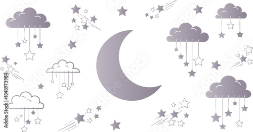 Pixelated celestial night sky elements featuring a crescent moon clouds and hanging star clusters