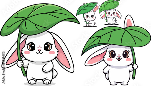Adorable cartoon white bunnies holding large green leaves as cute umbrellas for shelter