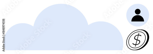 Data storage, cloud computing, digital account management, cybersecurity, financial technology, networking. Large cloud shape with user figure and dollar icon. Cloud computing and data storage