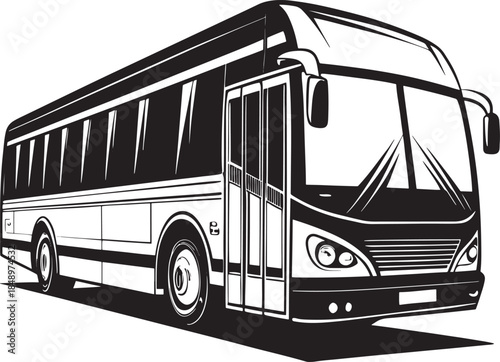 Stylized black and white illustration of a modern passenger bus with closed doors coach