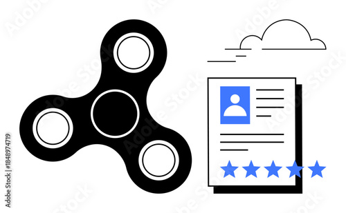 Fidget spinner and user profile with blue star ratings, representing gamification, user experience, and online feedback systems. Ideal for applications related to productivity, ratings, user