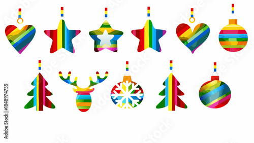 Colorful christmas ornaments and festive shapes arranged in two rows