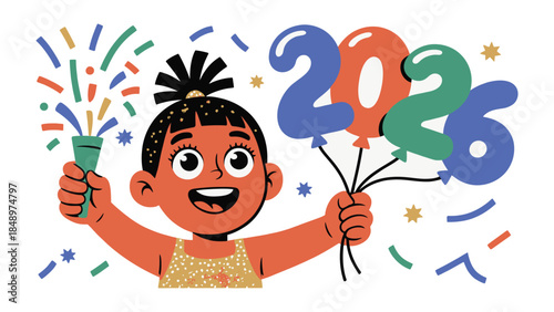 New Year Celebration: A cheerful child celebrates the new year by holding balloons with the numbers of the year 2026. This illustration embodies the joy and anticipation of new beginnings.