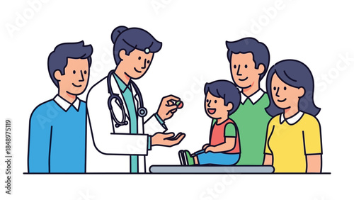 Health Check-up: A compassionate physician, surrounded by an attentive family, delivers caring healthcare during an important check-up.