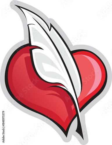 Red heart with white feather illustration