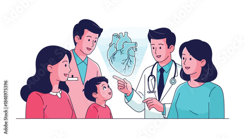 Healthcare Discussion: A physician illustrates heart structure to a family, promoting proactive healthcare discussion and healthy lifestyle decisions. 