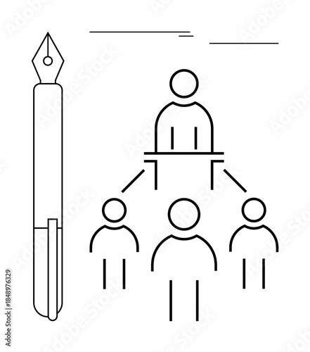 Person on podium addressing team of four, linked by lines, beside a fountain pen. Ideal for leadership, teamwork, communication, organization, authority education decision-making. Simple flat