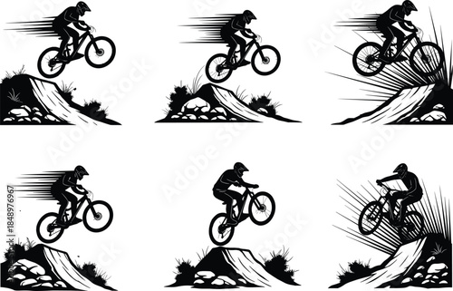 Mountain biker jumping over rocky terrain, extreme downhill cycling vector illustration, action sports silhouette with speed motion lines, outdoor adventure design concept