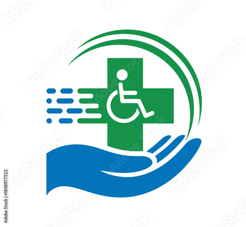 Disability Support and Healthcare Services Logo with Green Cross and Blue Hand