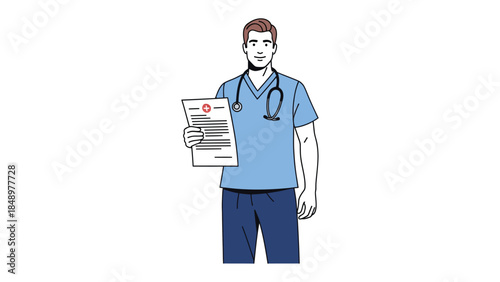 Patient Care and Analysis: A healthcare professional, equipped with a stethoscope, presents a medical report, symbolizing dedication to well-being. Capturing the essence of medical professionalism.