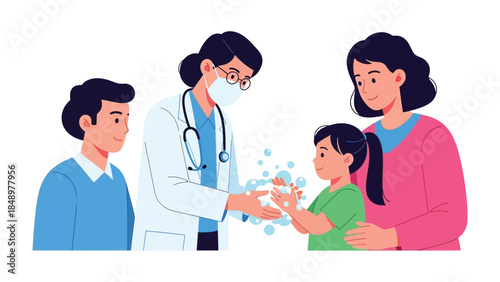 Hand Hygiene Instruction: A caring doctor guides a child through proper handwashing, with family members attentively observing the hygienic practice, creating a scene of health awareness.