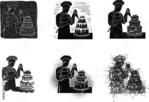 Professional pastry chef decorating multi-tier cake with icing bag, black and white vector illustration showing bakery art, dessert decoration and culinary creativity