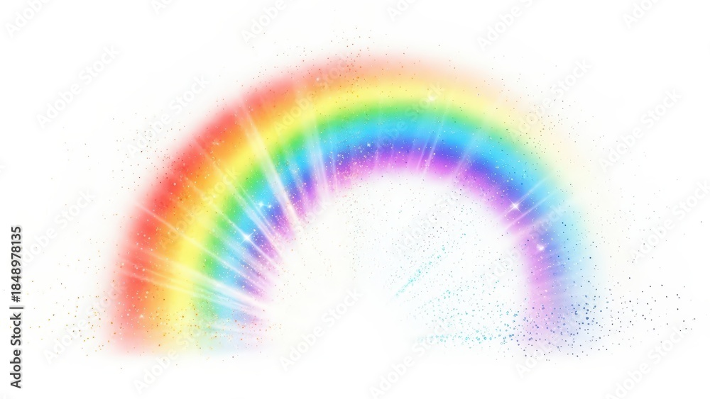 Obraz premium A vibrant, glowing rainbow arching across a white background with a bright, sparkling light emanating from its center.