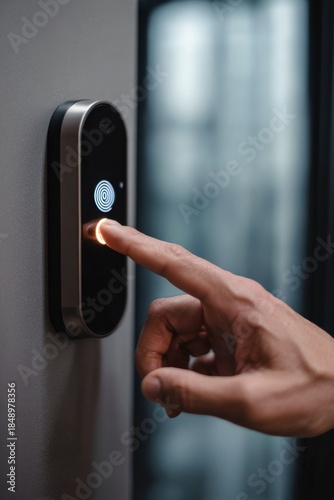 Finger pressing smart doorbell button with futuristic design