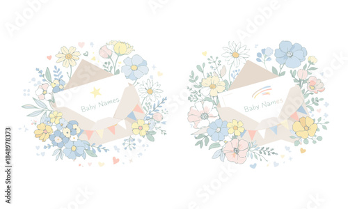 Soft pastel baby names with floral envelope  vector illustration, easily editable. 