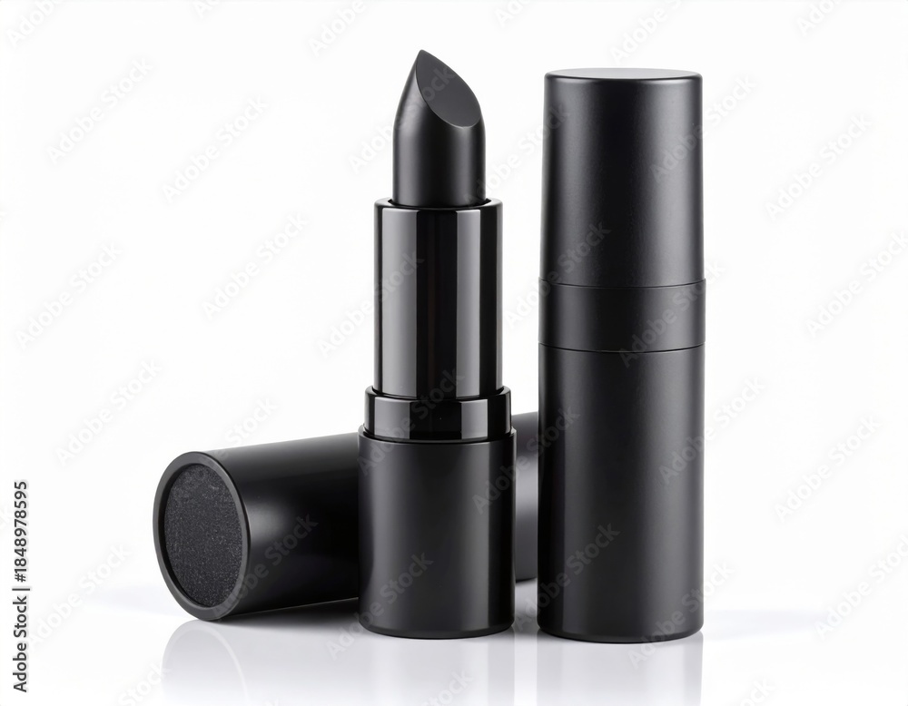 Obraz premium Dramatic Black Lipstick Tubes on Seamless White Backdrop Studio Shot