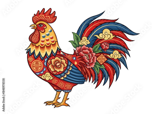 Vibrant Rooster Illustration A Colorful Rooster with Ornamental Design, Symbol of Strength and Prosperity