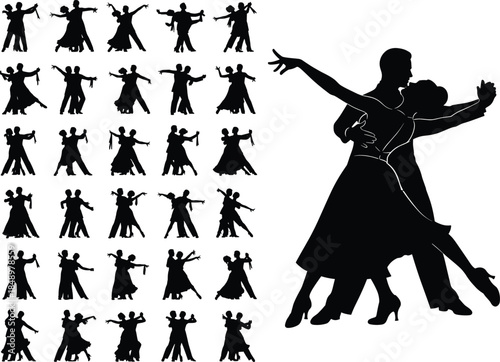 Romantic ballroom dancing couple silhouette collection, elegant dance poses, professional tango and waltz dancers, graceful movement vector illustration for dance art designv