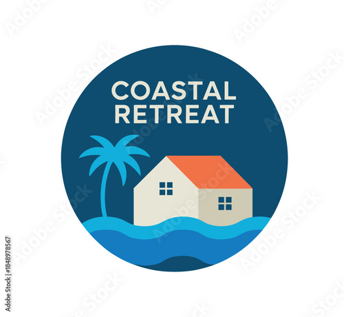 Coastal Retreat Logo with House, Palm Tree and Ocean Waves Illustration