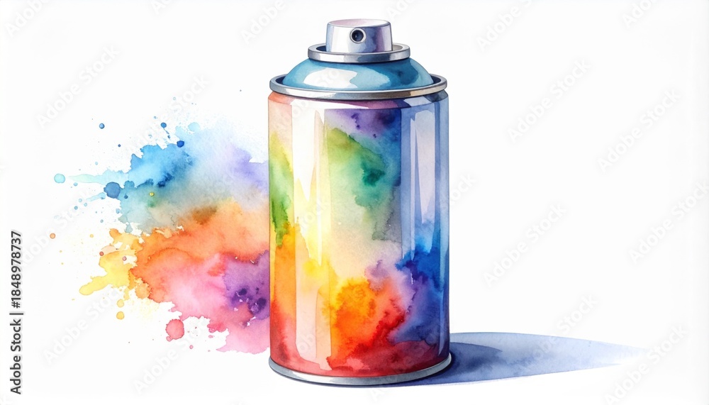 Obraz premium Watercolor Spray Can with Rainbow Splashes on White Background