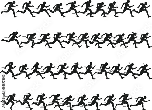 Running people silhouette vector illustration, athletic men and women sprinting motion, marathon race, fitness training concept, health and sport lifestyle design