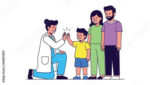 Healthcare Cheer: A child receives a high-five from a doctor, watched on by the parents, symbolizing a positive healthcare experience and family well-being.