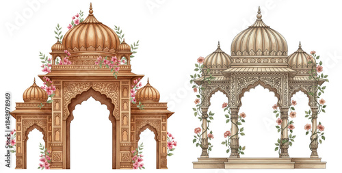 Pair of royal Rajasthani gazebos adorned with flowers for high-end Indian wedding invitations and cultural event graphics.