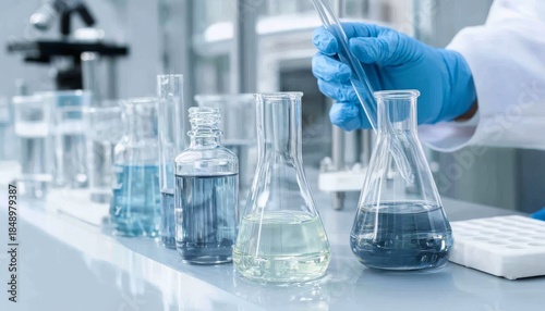 Clear gray liquids in beakers and test tubes are on display.