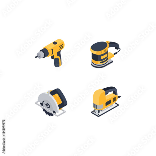 Cohesive collection of yellow and black handheld tools.