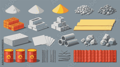 Construction Materials Set – Cement, Bricks, Steel, Sand, and Building Supplies Illustration