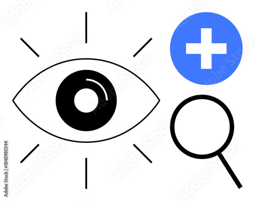 Eye with focus rays, magnifying glass, and blue plus sign. Ideal for vision, search, observation, focus, clarity magnification investigation. Clean design symbolizes simple flat metaphor