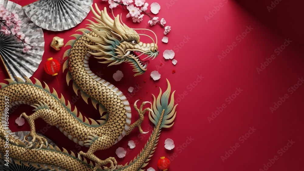 Fototapeta premium Chinese Dragon Decoration on Red Background