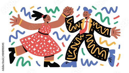 Celebratory Dance of Unity: Dynamic artwork features a couple joyfully dancing in celebration, embraced by vibrant abstract shapes and colors, symbolizing happiness.