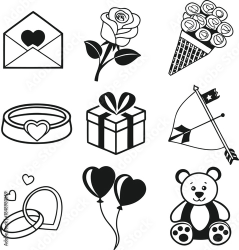 Valentine's day love wedding symbols set featuring heart ring present balloons teddy bear envelope rose and bouquet in black and white outline graphic style for romantic designs