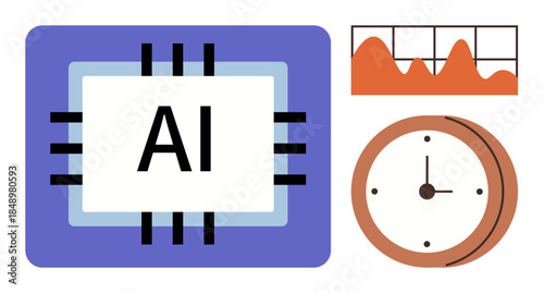 Microchip labeled AI beside a fluctuating graph and analog clock. Ideal for technology, innovation, data analysis, productivity, time management, efficiency, automation. Simple flat metaphor
