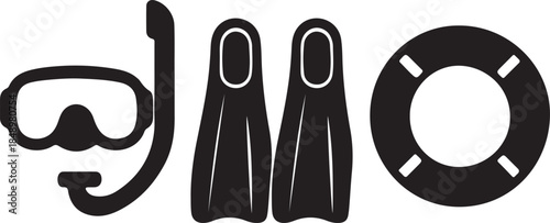Aquatic gear silhouette icon set diving mask, snorkel, fins, life ring vector illustration