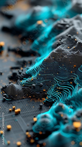 Abstract topographic circuit board illustration with teal lines and orange particles creating unique digital art